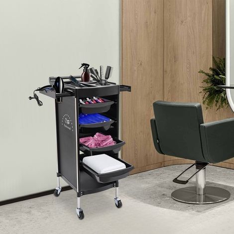 Friseursalonwagen mit 6 Ebenen, mit Schubladen für Friseurbedarf, ausgestattet mit Rollen, multifunktionales Regal mit Schubladen für Friseursalons, Farbe: Schwarz.