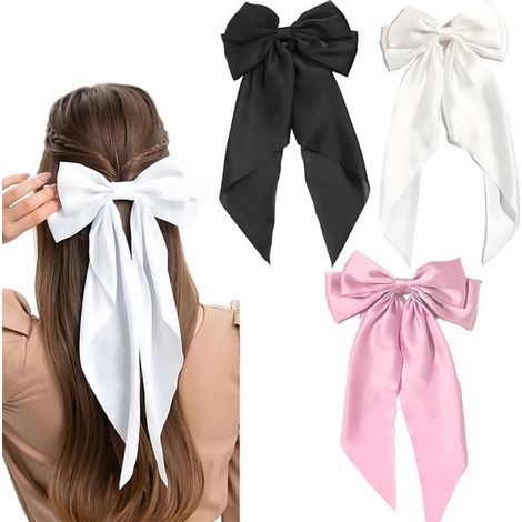 Lot de 3 nœuds en satin – Noir, blanc, rose – Pinces à cheveux – Accessoires pour femmes et filles