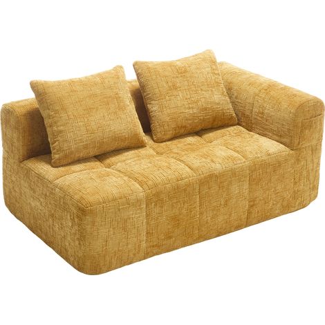 Canapé 2 places en chenille jaune avec chaise longue, coussin inclus et poches latérales (1/5)