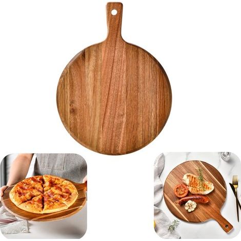 Plateau en bois 30,5 x 30,5 cm - planche à pizza, tarte et fromage avec poignée, brun (1/5)
