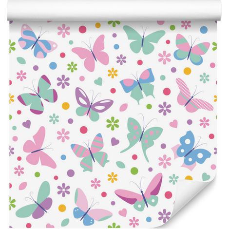 Papel pintado con mariposas, flores y puntos de colores para salón y dormitorio, 50x1000 cm. (1/5)