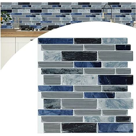 Fliesenaufkleber Selbstklebende Fliesen Klebefliesen 30 × 30 cm, 3D Wandpaneele Fliesensticker Marmor Mosaik Design für Spritzschutz Küche und Bad Deko, Blau Grau 10 Blätter