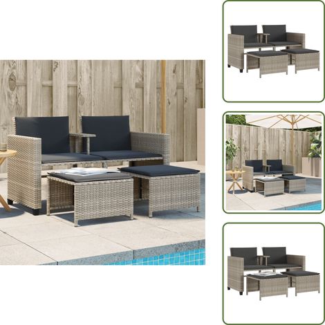 Canapé de jardin 2 places avec table tabourets gris clair rotin - Canapé De Jardin - Salon De Jardin - Meuble De Jardin - Résine Tressée - Rotin