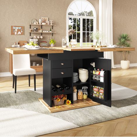 MEUBLIV Table à manger extensible 110-140x80 cm noir et naturel – rangement intégré (1/5)