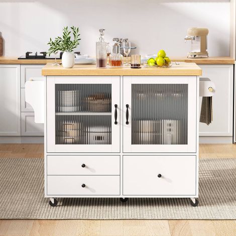 Îlot de cuisine mobile blanc 100 x 42-70 x 91,5 cm avec plateau extensible, rangements, porte-verres et roulettes (1/5)