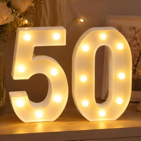 Lampe LED en forme de chiffre 50 - Chiffres lumineux - Blanc chaud - Fonctionne avec piles - 21 cm - Chiffres lumineux pour 50e anniversaire - Décoration de table murale (1/5)