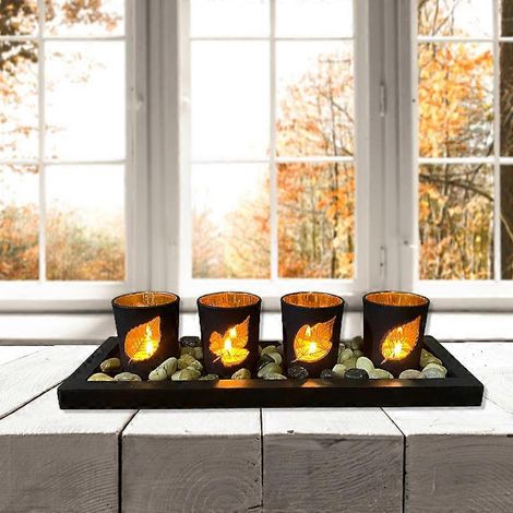 Cet ensemble de bougeoirs comprend 4 verres, une pierre naturelle et un plateau en bois pour la décoration de table. (1/4)