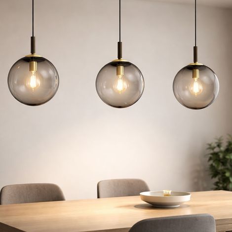 Pendellampe Hängelampe Wohnzimmerleuchte Deckenlampe Esszimmerleuchte, Metall schwarz Glas rauchfarben, 3 Flammig E27, H 140 cm