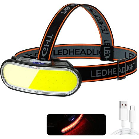 Lampe frontale LED COB 1300 lm rechargeable par USB avec batterie intégrée et 5 modes d'éclairage pour la pêche et le camping en extérieur (1 pièce). (1/5)