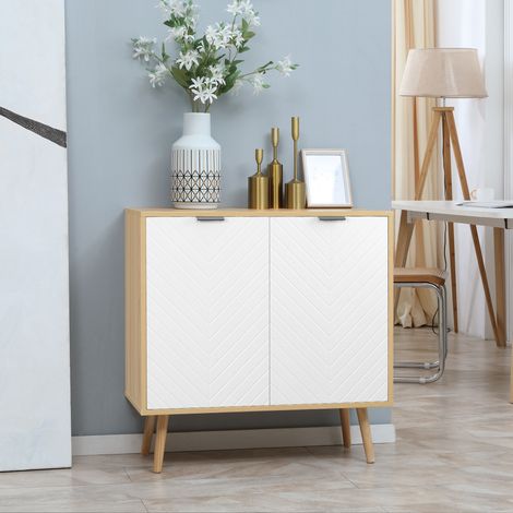 Buffet salon, meuble de rangement avec 2 portes et étagère réglable, 77 x 35 x 77,5 cm, blanc et bois naturel