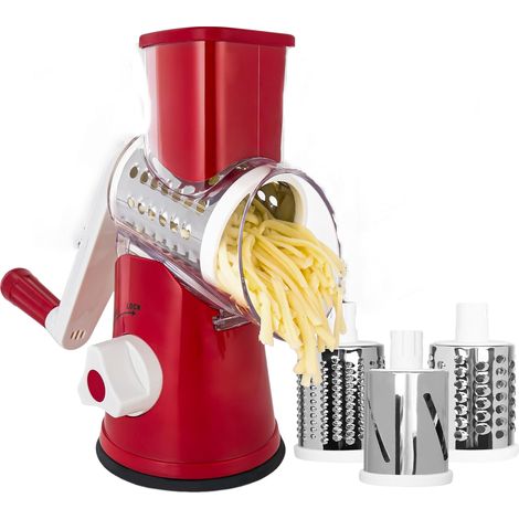 Râpe à fromage rotative pour la cuisine - 3 lames interchangeables en acier inoxydable, base à ventouse robuste et poignée - Facile à utiliser pour râper les légumes, les fruits et les noix - Nettoyag (1/5)