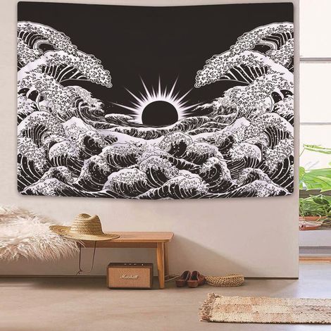 (Vague,150x130cm)Dremisland Tapisserie Murale Mandala Tapisserie Grande Vague avec Coucher de Soleil Tapisserie Noir et Blanc Océan Tapisserie Tenture Murale pour Salon Chambre (1/5)