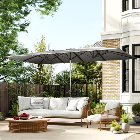 Parasol double face 451x264cm manivelle 12 jambes métalliques poteau aluminium, gris foncé