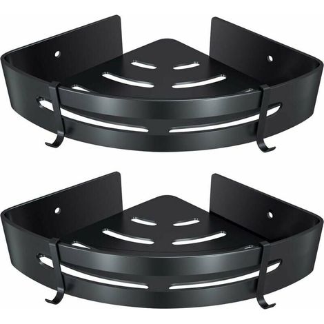Estante de esquina para baño, sin perforar, de aluminio, adhesivo, para champú, jabón y toallas, con ganchos (triángulo, negro, 2 unidades) (1/5)