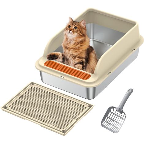 Stainless Steel Litter, Cat Litter Tray Semi-Closed with Splash Protection, Removable Rim and Litter Mat, 50 x 35 x 25 cm, Durable Odour Resistant (1/5)