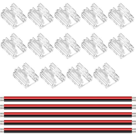 14-teiliges Set transparenter 2-Pin-8-mm-COB-LED-Streifenverbinder mit 5 Verlängerungskabeln (15 cm lang, 20 AWG) zum Anlöten von LED-Streifen ohne Nut. (1/5)