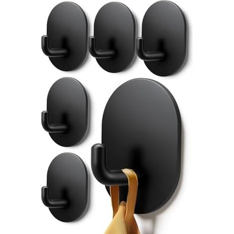 Lot de 6 crochets muraux autocollants en acier inoxydable - Idéal pour salle bain, cuisine et bureau Noir (1/5)