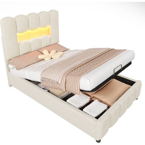Lit capitonné 90 x 200 cm avec coffre hydraulique, tête de lit réglable, bande LED d’ambiance, velours beige, sans matelas – CHICFURN (1/5)