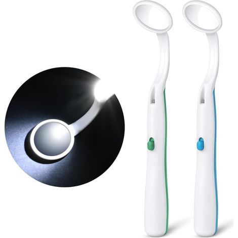Miroir d'Inspection Dentaire avec LED Lumière, 2 Pièces Miroir Dentaire avec La Lumière, Miroir Anti Brouillard Courbe Angle, Miroir Buccal pour Soins Dentaires, Bleu et Vert (1/5)