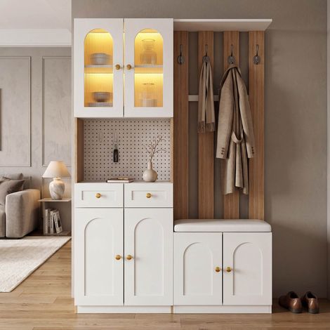 Armoire avec LED, tiroirs, rangements, tabouret et crochets 120 x 30 x 180 cm meuble d'entrée Design flexible blanc et chêne (1/5)