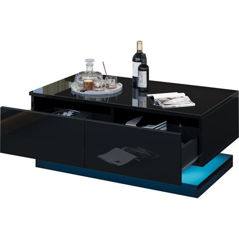 Couchtisch mit 2 Schubladen und App-gesteuerter LED, Hochglanz Schwarz, aus Spanplatte, 90×50×38 cm