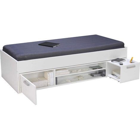 Lit 90x190 + chevet + étagère + rangement / Blanc (1/2)