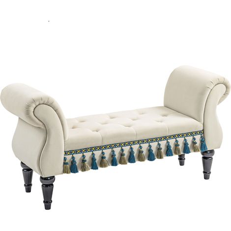 Banquette de chambre avec accoudoir, design vintage aspect velours, pieds en bois, capacité de charge 150 kg, 117x40x58 cm, Beige