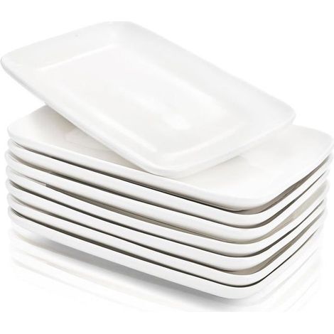 8 assiettes rectangulaires en porcelaine, blanc brillant 20,3 cm, bord arrondi, service apéritif et desserts, usage quotidien ou événementiel