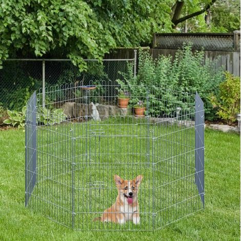 Parc pour chiots 8 panneaux en métal argenté avec porte verrouillable, enclos d'extérieur modulable avec ancrages au sol, 63 x 60 cm – CHICFURN (1/5)
