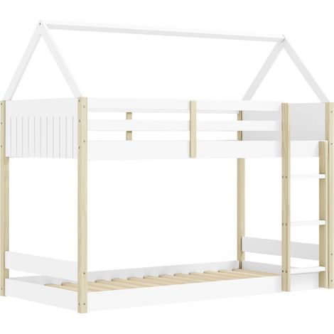 Lit superposé avec premier couchage au sol 90x190 en MDF laqué blanc et pin naturel - LILAS (1/5)