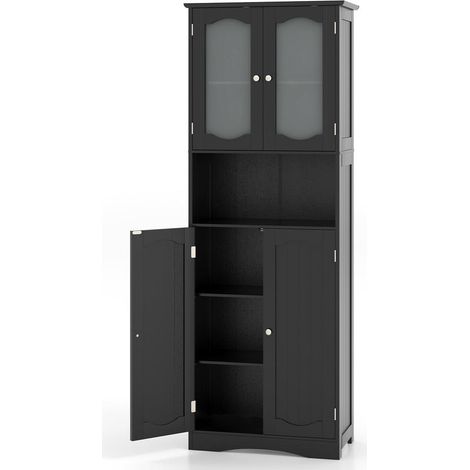 Montage Simple Meuble Colonne Salle de Bain Noir Armoire Haute avec Portes en Verre Dépoli et Étagères Réglables (1/5)