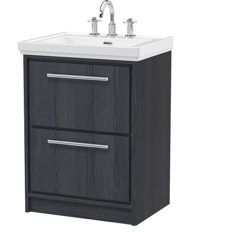 Longnor 2 Drawer Floor Standing Vanity Unit with 3 Tap Hole Traditional Fireclay Basin, Woodgrain Graphite Grey, 600mm (1/4)