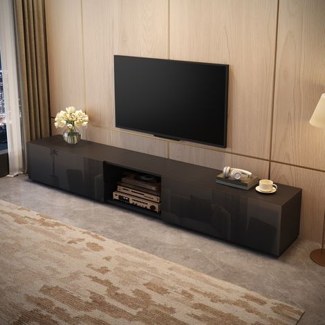 Mueble TV 200x30x30 cm con LED controlada por aplicación, 3 zonas de almacenamiento, puertas alto brillo - negro (1/5)