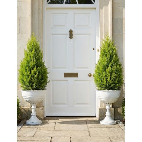 Grand Pots de Fleurs Exterieur: 56 cm Haut Métal Pot Fleur Extérieur Lot de 2 avec Trous de Drainage - Amphore Jardinière Vintage Blanc Décoré pour Porte d'Entrée Patio Sol Porche (1/5)