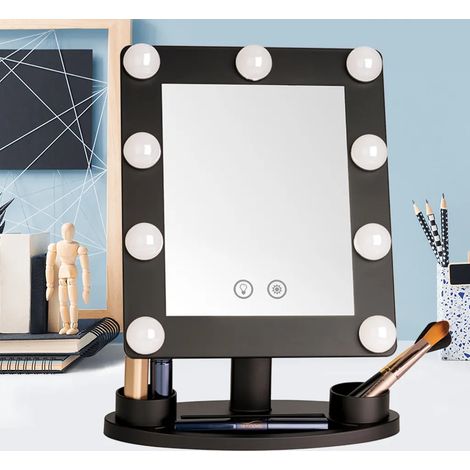 Miroir cosmétique, miroir de coiffeuse, miroir de maquillage, miroir de table, rotatif à 180°, avec 9 LED, 2 couleurs d'éclairage réglables, pour salon, noir (1/5)