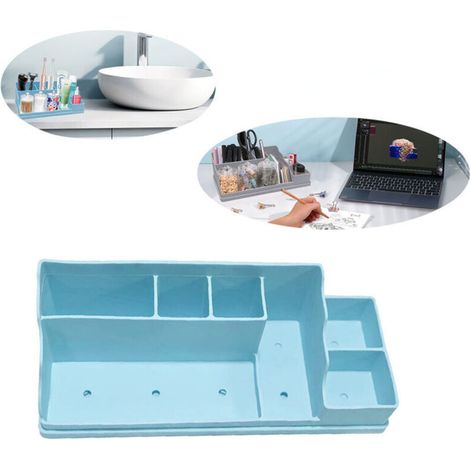 Plateau de rangement de bureau, grande capacité, dimensions 350 x 140 x 110 mm, design compact et durable, parfait pour la salle de bain et le bureau, bleu (1/4)