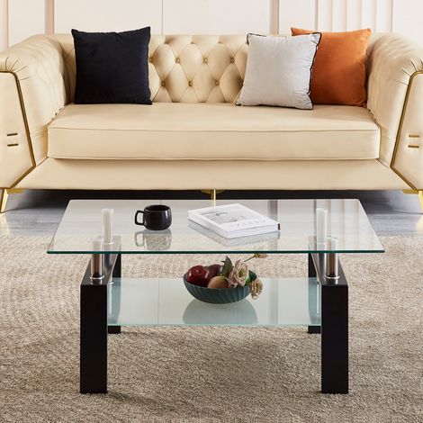 REDOM Table basse 100x60x44 cm, 2 niveaux, gain de place, verre trempé et métal transparent