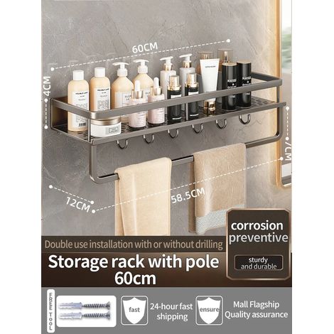Étagère murale en aluminium (gris, 60 cm) pour salle de bain, rangement pour shampoing, organisateur de cuisine. (1/5)