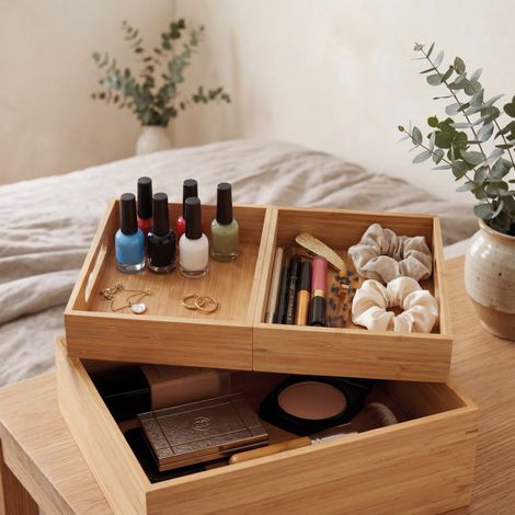 Boite Organisateur polyvalent 3 compartiments empilables Bambou ISALYS Beige MSV (1/5)