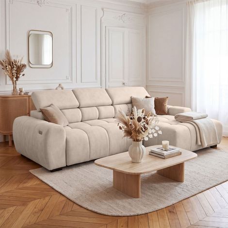Ecksofa Schlafsofa VELUNIO RELAX in Stoff Salvador Creme Ottomane Rechts (1/5)
