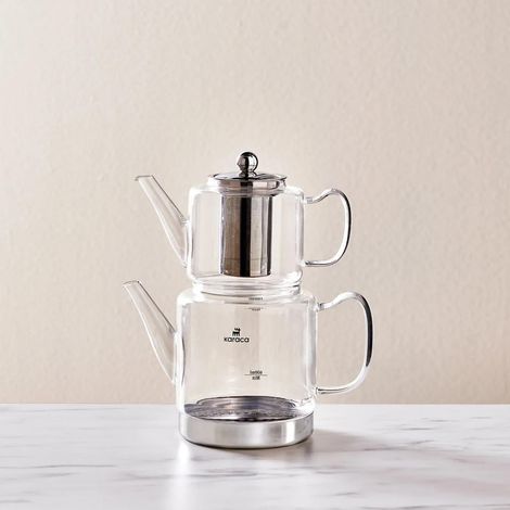 Set de Théière en Verre Borosilicate avec Infuseur en Acier Inoxydable, Bouilloire de 2 L et Théière en Verre de 1 L avec Filtre, Théière Turque, Caydanlik (1/5)