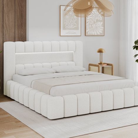 Cama con cajón de 180 x 200, con somier y luces LED incluidas, modelo Auria, textura blanca (1/5)