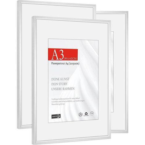 3x Bilderrahmen Aluminium Silber A3 (29,7x42cm) mit Passepartout A4 (21x30cm) (1/5)