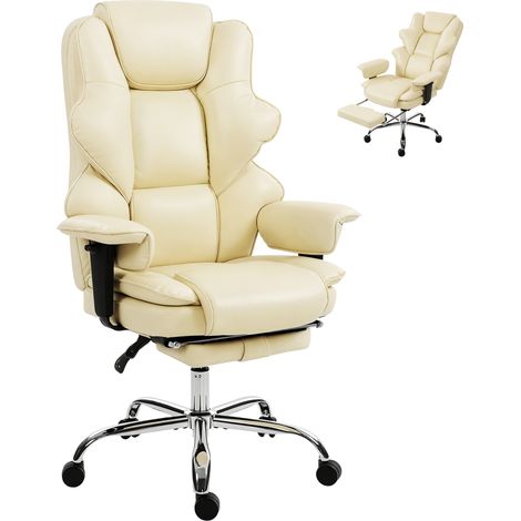Chaise de bureau avec repose-pieds et appui-tete en cuir PU blanc creme 76x73x117-125 cm (1/5)