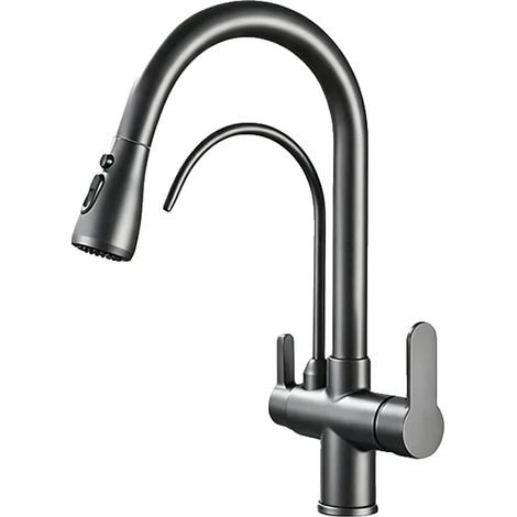 Grifo de cocina con rociador extraíble, doble manija, color gris. (1/2)