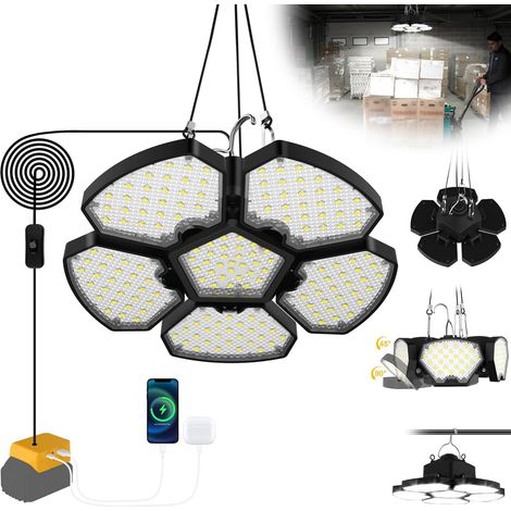 65W 6500LM Éclairage LED Garage Compatible avec De-walt Batterie, 6000K Projecteur LED Rechargeable 5+1 Panneau Ajustables Projecteur Chantier Portable pour Camping Chantier Garage(Sans Batterie)