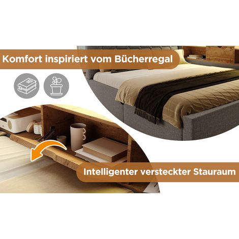 Cama 90x200 cm de lino gris con LED y almacenamiento, para pisos pequeños, sin colchón – MEUBLIV (1/5)
