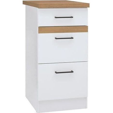 Meuble bas de cuisine 40 cm – 3 tiroirs – Plan de travail chêne artisanal doré – Blanc brillant – L 40 x H 86 x P 60 (1/6)