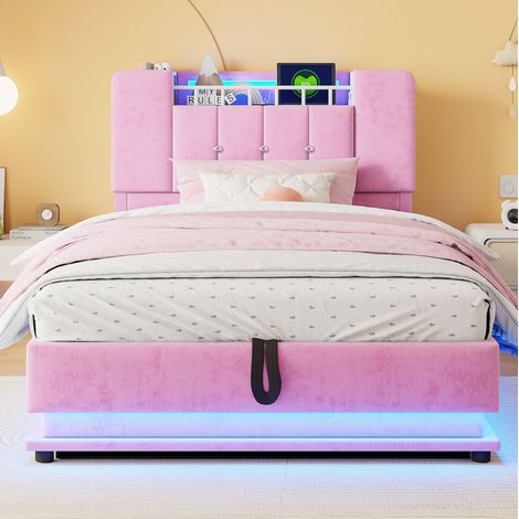 Cama infantil tapizada (220x90x107 cm), con luz LED, puerto USB, almacenaje hidráulico, terciopelo rosa y metal (1/5)