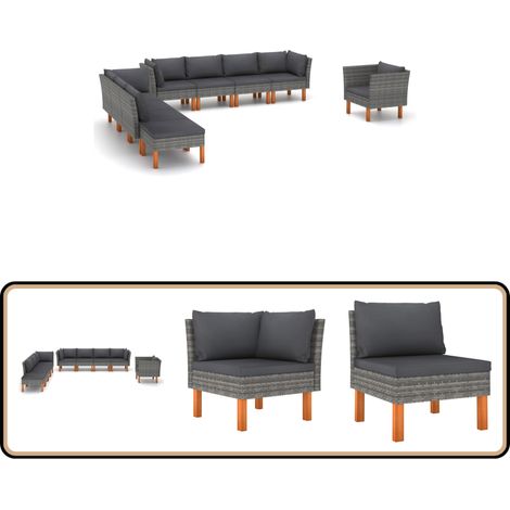 9-tlg. Garten-Lounge-Set Poly Rattan und Eukalyptusholz Grau - Gartensitzgruppe - Lounge-Set - Gartenmöbel - Outdoor-Möbel - Rattanmöbel